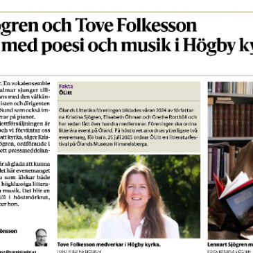 Ölandsbladet: Lennart Sjögren och Tove Folkesson framträder med poesi och musik i Högby kyrka