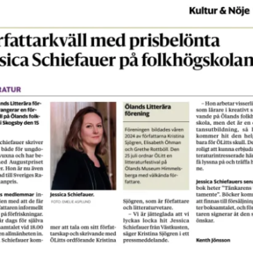 Ölandsbladet: Författarkväll med prisbelönta Jessica Schiefauer på folkhögskolan